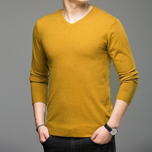 春秋薄款超细精纺羊毛衫男士纯羊毛男士V领打底针织衫黑色毛衣