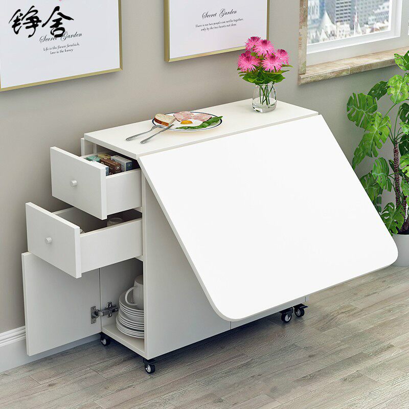 简约新款铮舍小户型伸缩折叠餐桌长方形厨房储物柜简易饭桌椅组合