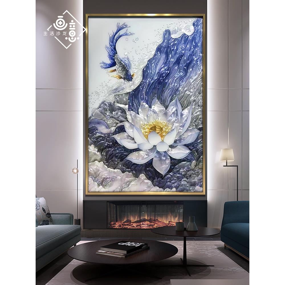 纯手工珐琅彩玄关走廊装饰画立体壁画新中式餐厅挂画蓝鱼荷花精品图片