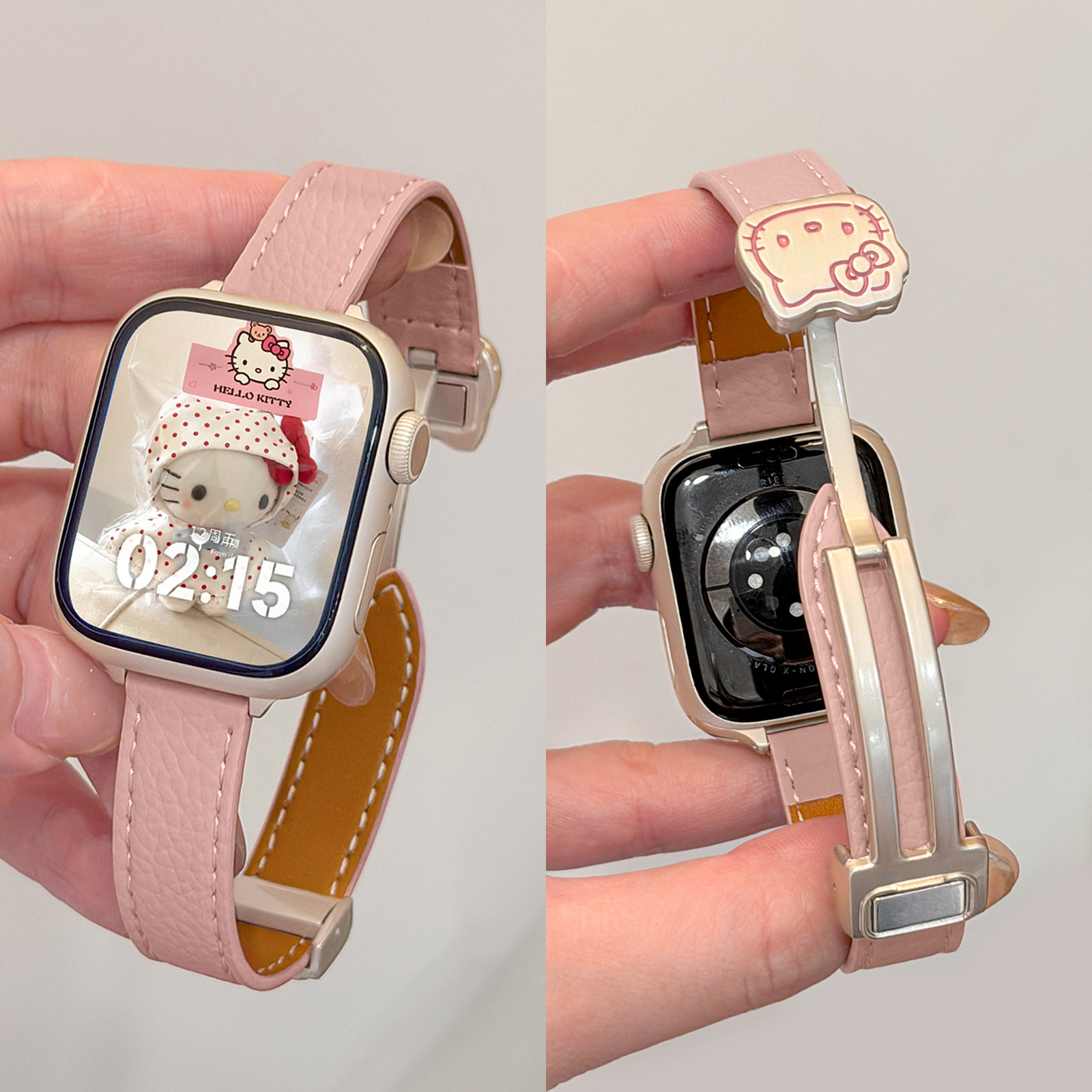 适用iWatch卡通KT猫磁吸真皮表带