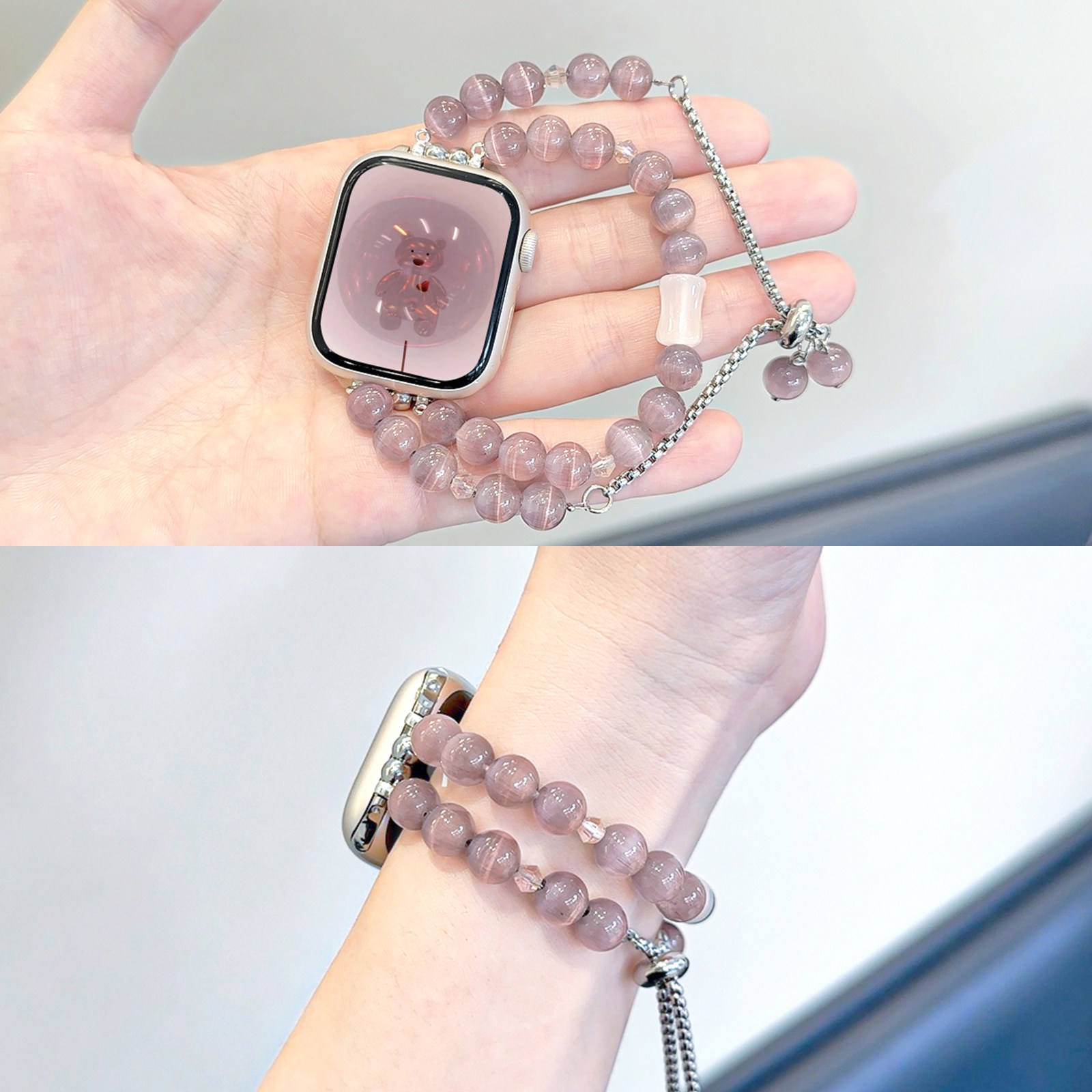 适用applewatch紫色仿猫眼石人造水晶竹节手链表带iWatchS11/10/9/8/7/6/SE弹力串珠苹果手表表带双链女款