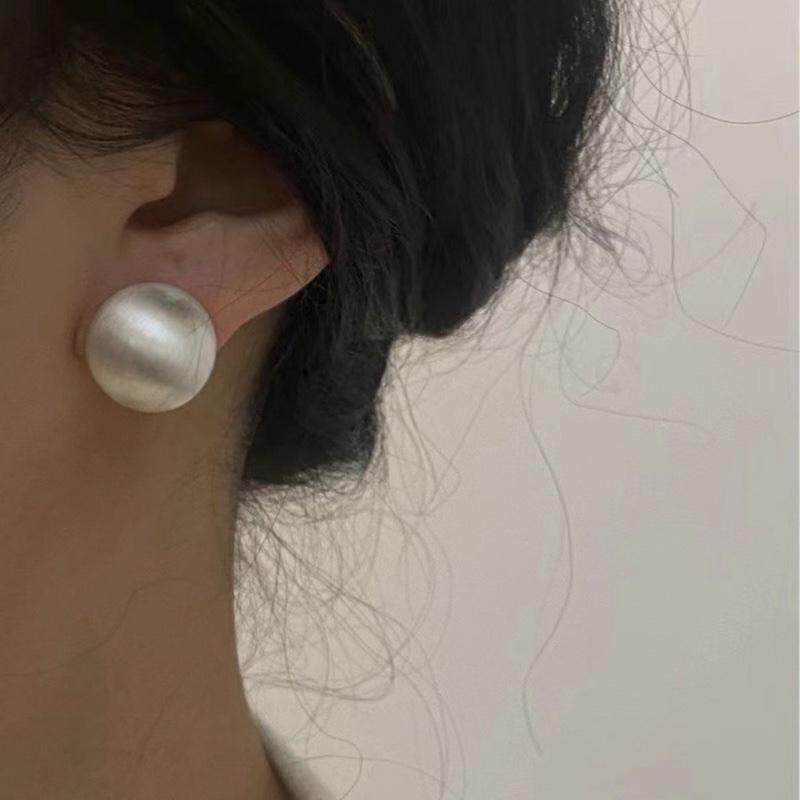 纯银耳钉半球拉丝磨砂质感金属馒头925银针高级感法风耳环圆形女