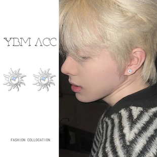 纯银耳钉太阳男小众独特设计感耳骨钉男生精致耳饰男士高级冷淡风