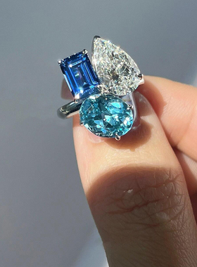 白色浅蓝深蓝拼色大颗闪锆戒指女