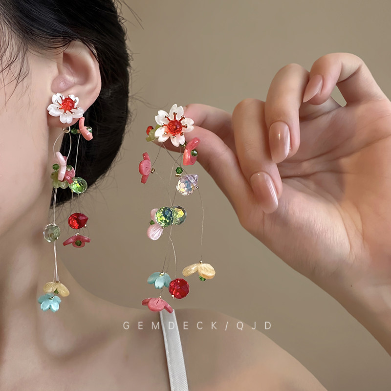 纯银耳钉夏日彩色多巴胺花朵流苏氛围感夸张耳环海边度假风耳饰女