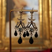 「黑色曼陀罗」纯银耳钉法式 宫廷复古高级感华丽闪耀宴会水滴耳环