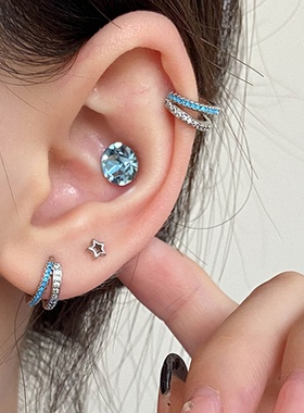 蓝色双层锆石圆圈耳扣女小众设计感耳骨环耳饰2025年新款超火爆款