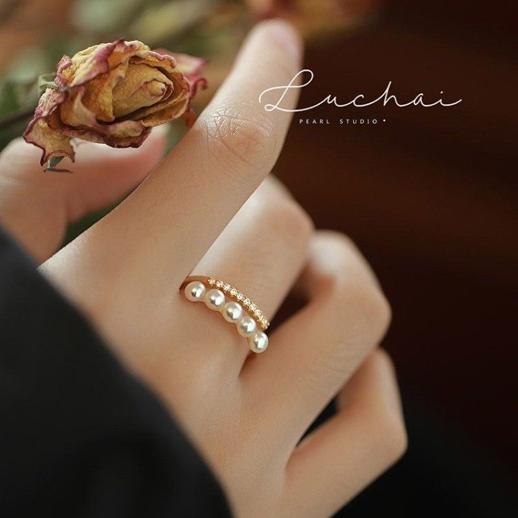 白珍珠双层戒指女小众设计轻奢高级感食指开口戒女款2026年新款