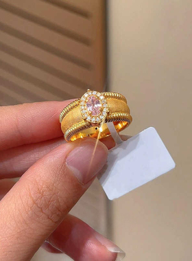 粉色锆石戒指闪钻宽面拉丝指环