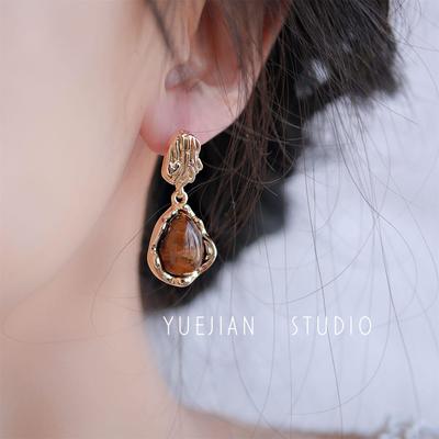 琥珀色美拉德耳夹耳钉无耳洞女