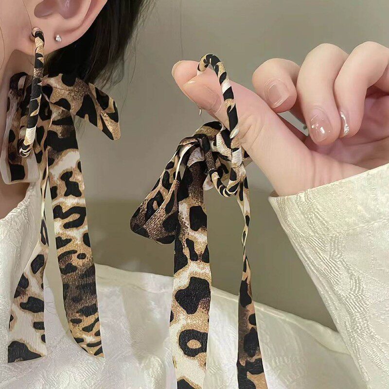纯银耳钉欧美豹纹飘带耳环野性夸张时髦耳圈春夏布艺绑带耳饰女