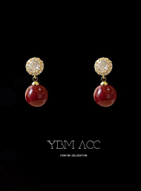 「暮光晚宴」耳夹无耳洞纯银耳钉法式复古红色耳环女秋冬珍珠耳饰