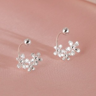 纯银耳钉螺丝拧花朵耳钩女养耳洞三朵小花耳环高级感耳饰时尚 百搭