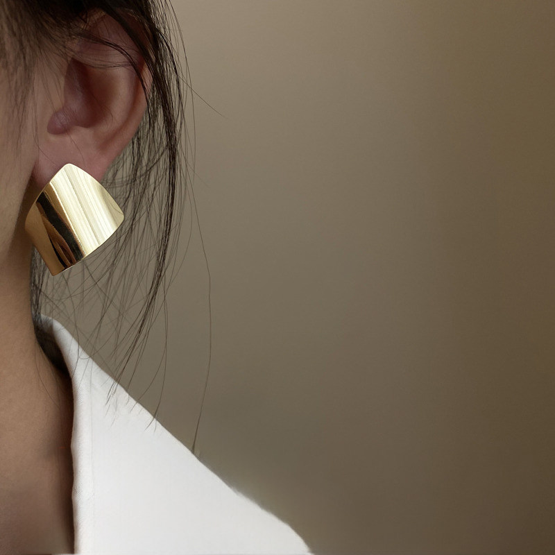 纯银耳钉S925银针欧美风夸大亮面几何高级质感耳环简约时尚耳饰