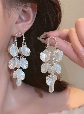 纯银耳钉白色花朵夸张高级感长款流苏耳环珍珠耳饰新娘独特耳环女