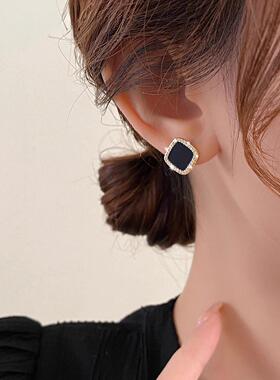 纯银耳钉微镶锆石方形黑色2025年新款爆款耳环女高级感耳饰轻奢