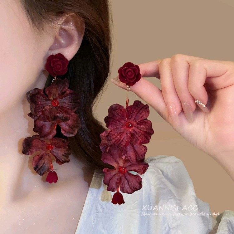 纯银耳钉超仙长款流苏红色花朵氛围感气质耳环海边度假风耳饰女