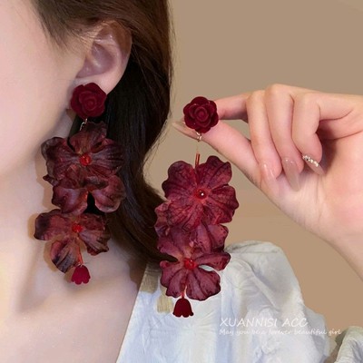 超仙长款流苏红色花朵耳钉女
