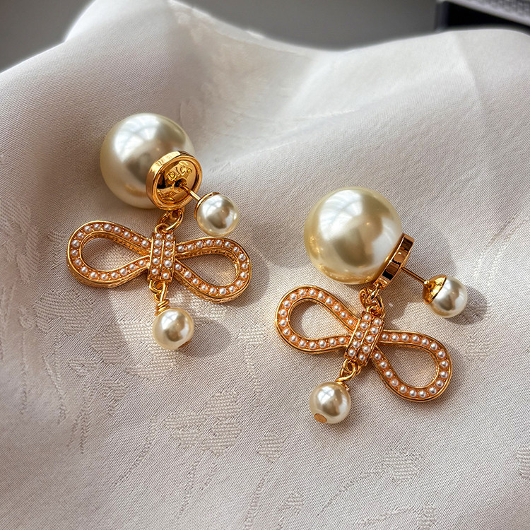 纯银耳钉法式金色双面珍珠耳环女轻奢高级感气质蝴蝶结耳坠耳饰品