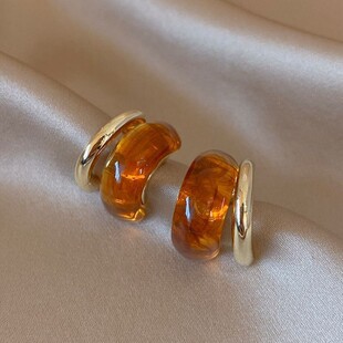 纯银耳钉高级感复古琥珀金色耳环2025新款爆款轻奢高级感小众耳饰