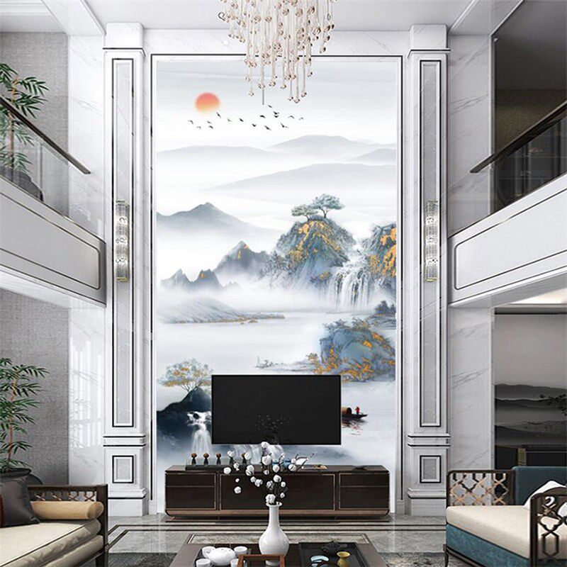 新中式别墅挑高复式楼客厅电视背景墙纸山水壁画玄关壁纸墙布壁布