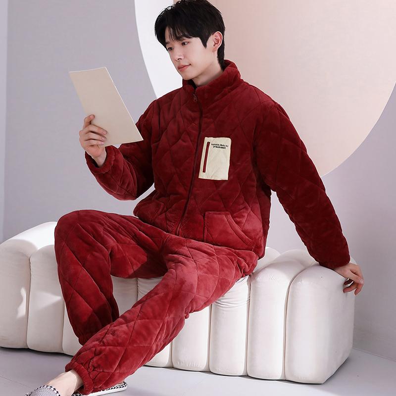 牛奶绒三层夹棉睡衣男士冬季加厚加绒棉袄红色珊瑚绒家居服套装