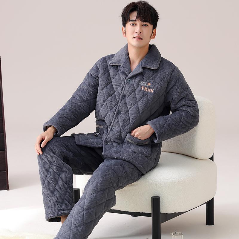 牛奶绒睡衣男冬季珊瑚绒三层夹棉加厚简约青少年法兰绒家居服套装