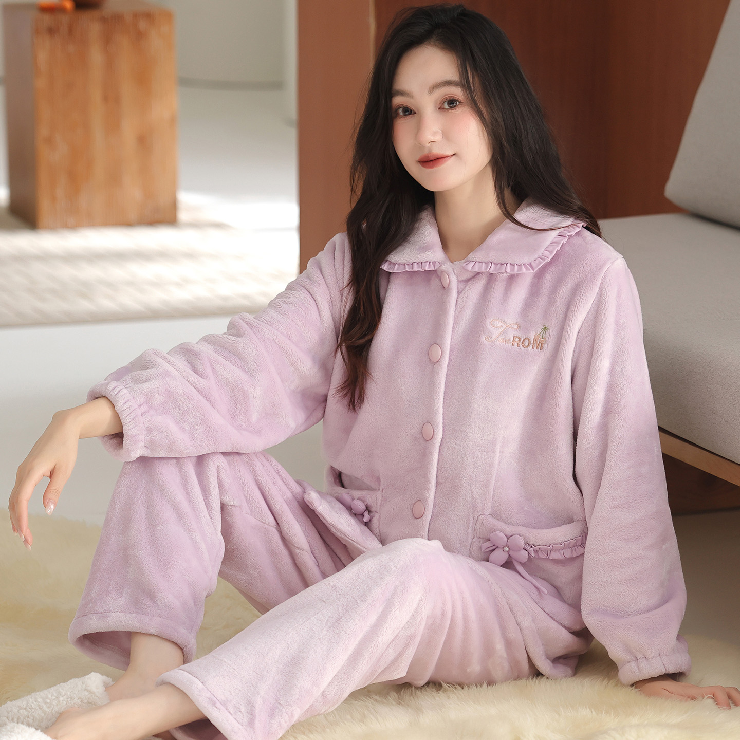 睡衣女秋冬季珊瑚绒翻领开衫法兰绒温柔甜美保暖家居服可外穿套装