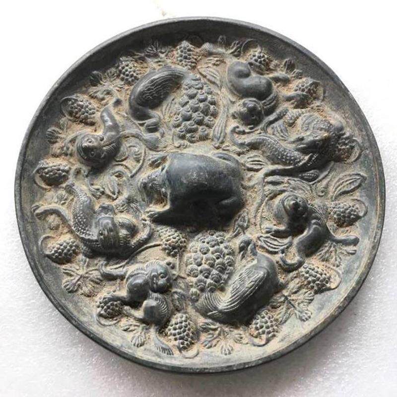 复古收藏海兽葡萄镜青铜镜真品复刻圆形大号铜镜家居仿古摆件古玩