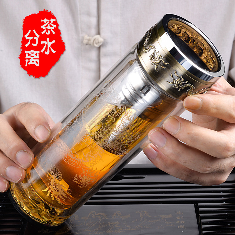 龙杯双层玻璃杯加厚透明泡茶杯男高档水晶水杯子定制刻字印字logo