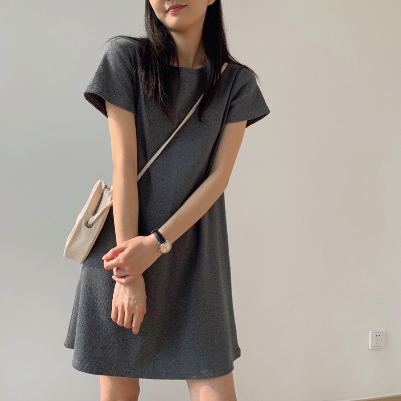 纯色裙子女夏韩版收腰显瘦法式少女港味chic短袖包臀中长款连衣裙