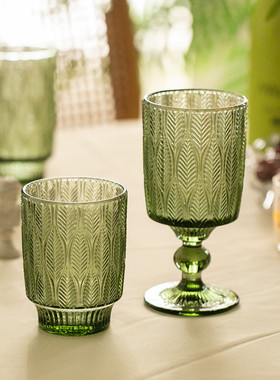 外单玻璃原色绿色叶子纹玻璃杯红酒杯水饮料杯果汁高脚杯餐厅家用