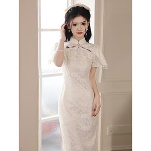 新品白色订婚旗袍2025春夏新中式年轻款少女蕾丝连衣裙领证登记礼