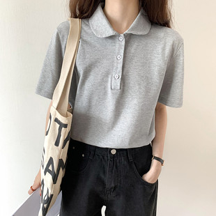 T恤上衣女 新品 港味纯色学生洋气减龄纯色百搭短袖 翻领polo衫 短袖