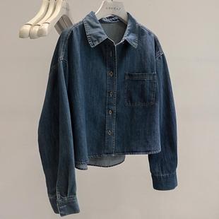穿不腻~闭眼入!法式蓝色牛仔衬衫女宽松叠穿短款小个子衬衣