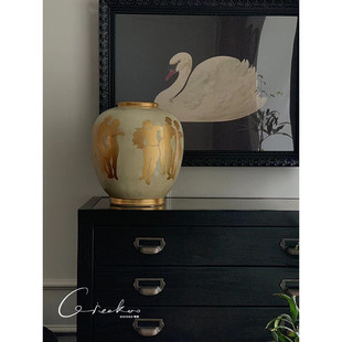 契阔家居釉上金色复古做旧鎏金陶瓷花瓶客厅玄关彩瓷插花器摆件