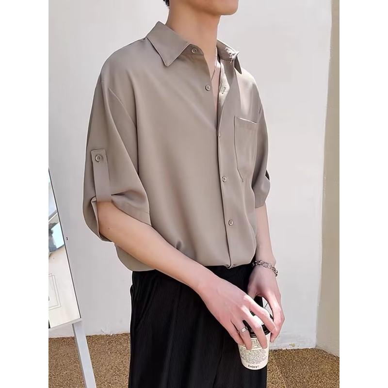 衬衫男短袖韩版潮流男装七分袖衬衣轻熟风痞帅夏季冰丝高级感上衣