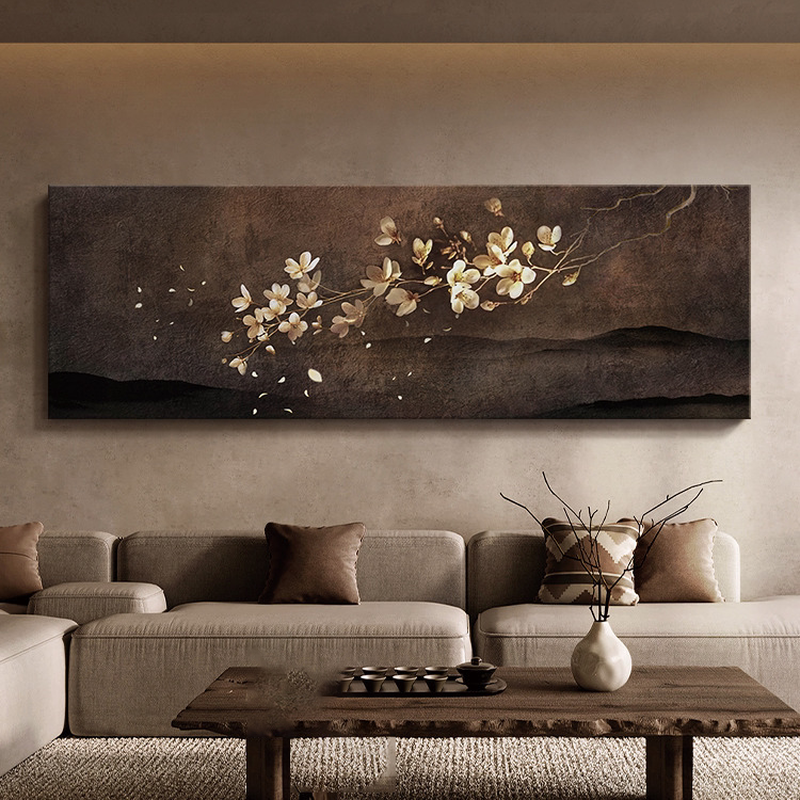 新中式客厅装饰画花卉山水禅意茶室挂画沙发背景墙无框画砂岩壁画图片