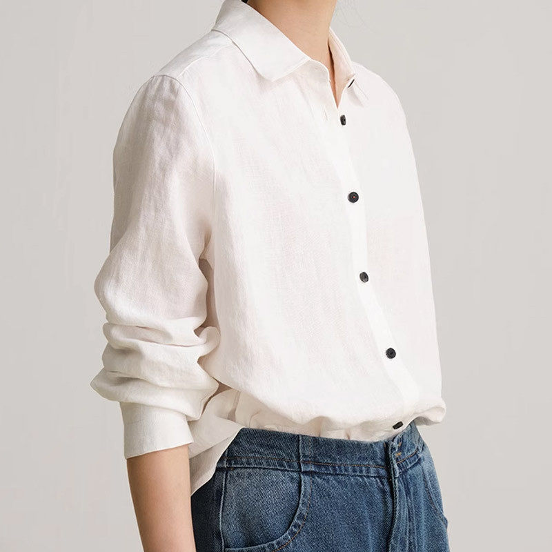 2025春秋新款28支精梳麻长袖衬衫休闲百搭文艺衬衣女轻薄小衫