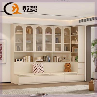 定制客厅卡座沙发书柜一体整墙到顶组合带玻璃门落地实木背景墙柜