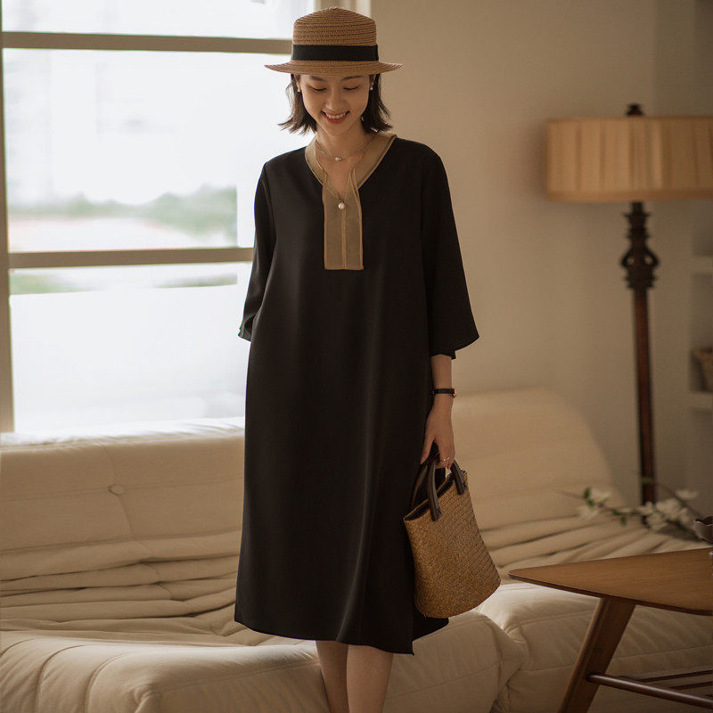 无谓韩式文艺2025夏季新款宽松喇叭袖网纱领撞色雪纺女,女装/女士精品,连衣裙,淘宝优惠券,粉丝福利购,淘宝优惠卷