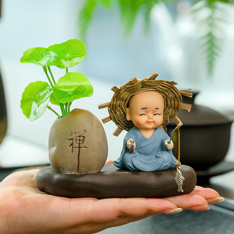 钓鱼小和尚花瓶禅意绿植摆件鱼缸装饰流水摆设鱼池假山微景观造景