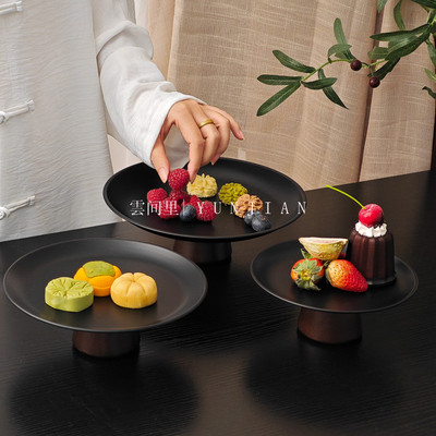 黑色高脚茶点盘茶几零食摆放盘高级感不锈钢果盘点心糖果盘甜品盘