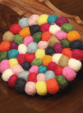 尼泊尔手工羊毛毡垫彩色球球杯垫颂钵垫子羊毛球手工编织瑜伽坐垫