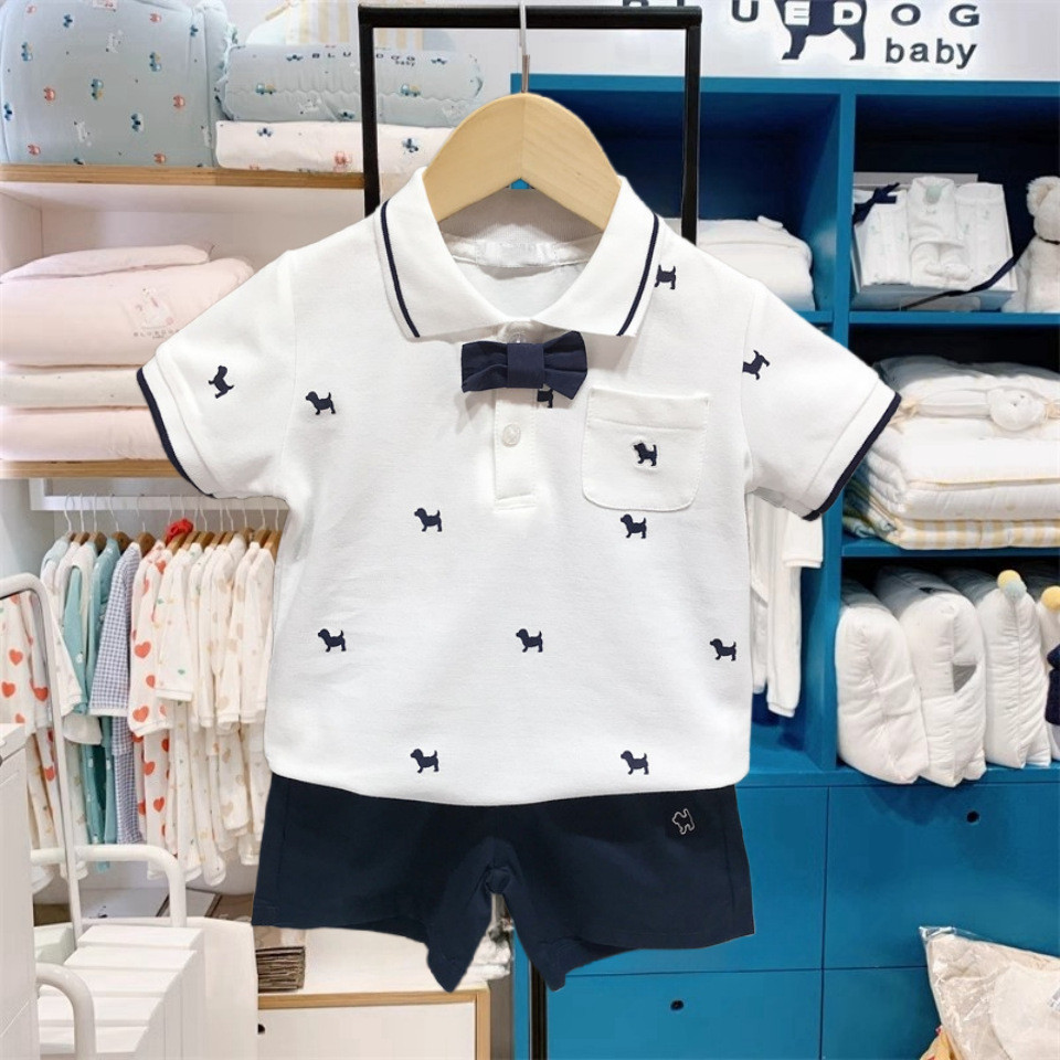 韩版童装夏款男童领结POLO衫套装女童裤子姐弟装MS4401