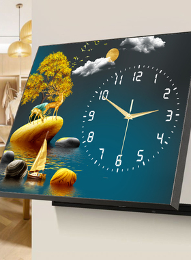 电表箱装饰画带钟表2025家用客厅时钟现代简约创意晶瓷画挂墙挂画