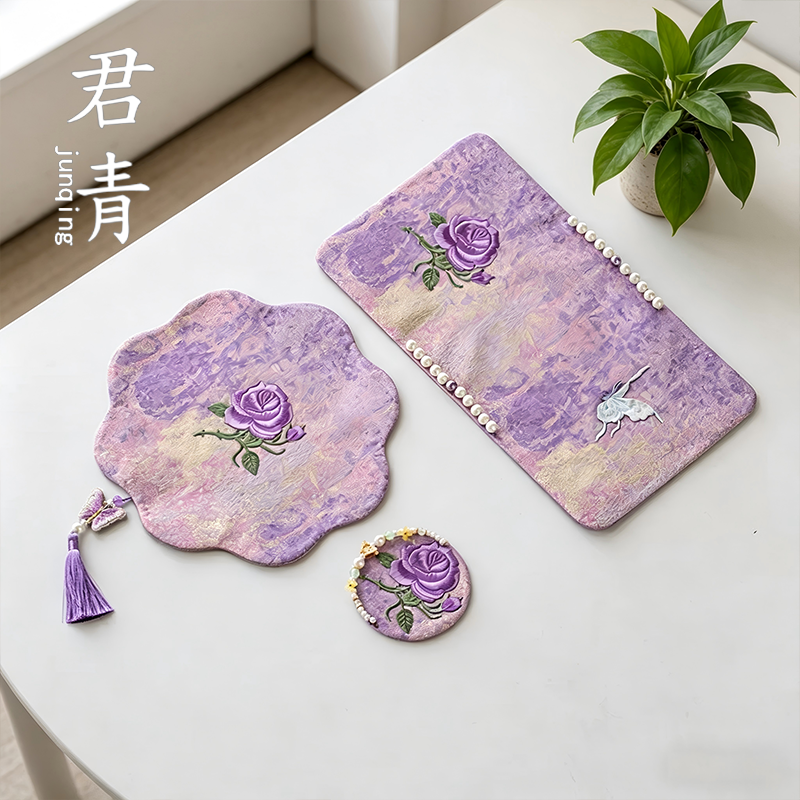 中式香云纱女士精美刺绣珍珠紫色蝴蝶花卉干泡席茶席茶具配件桌旗