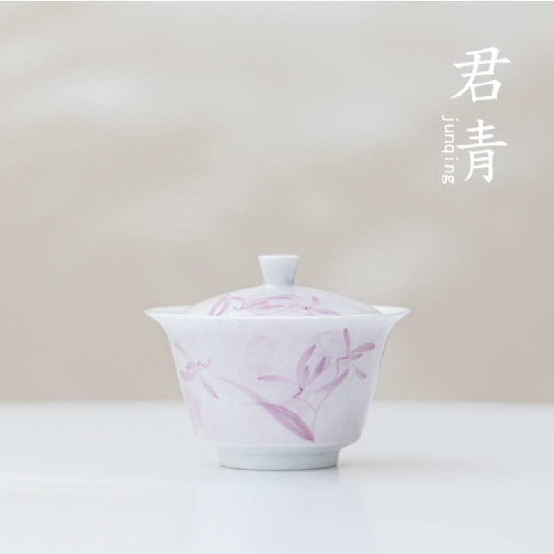 手绘暮紫兰心云泊盖碗纯手工陶瓷盖碗