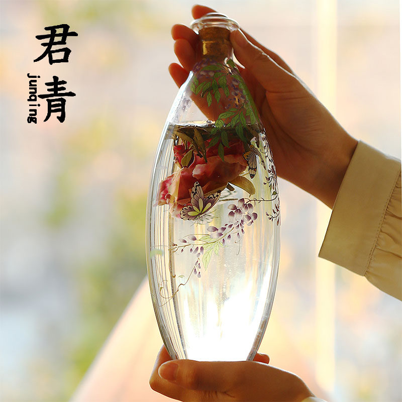 【君青】高颜值紫藤花玻璃多功能密封茶壶酒瓶果汁冷饮清酒瓶子