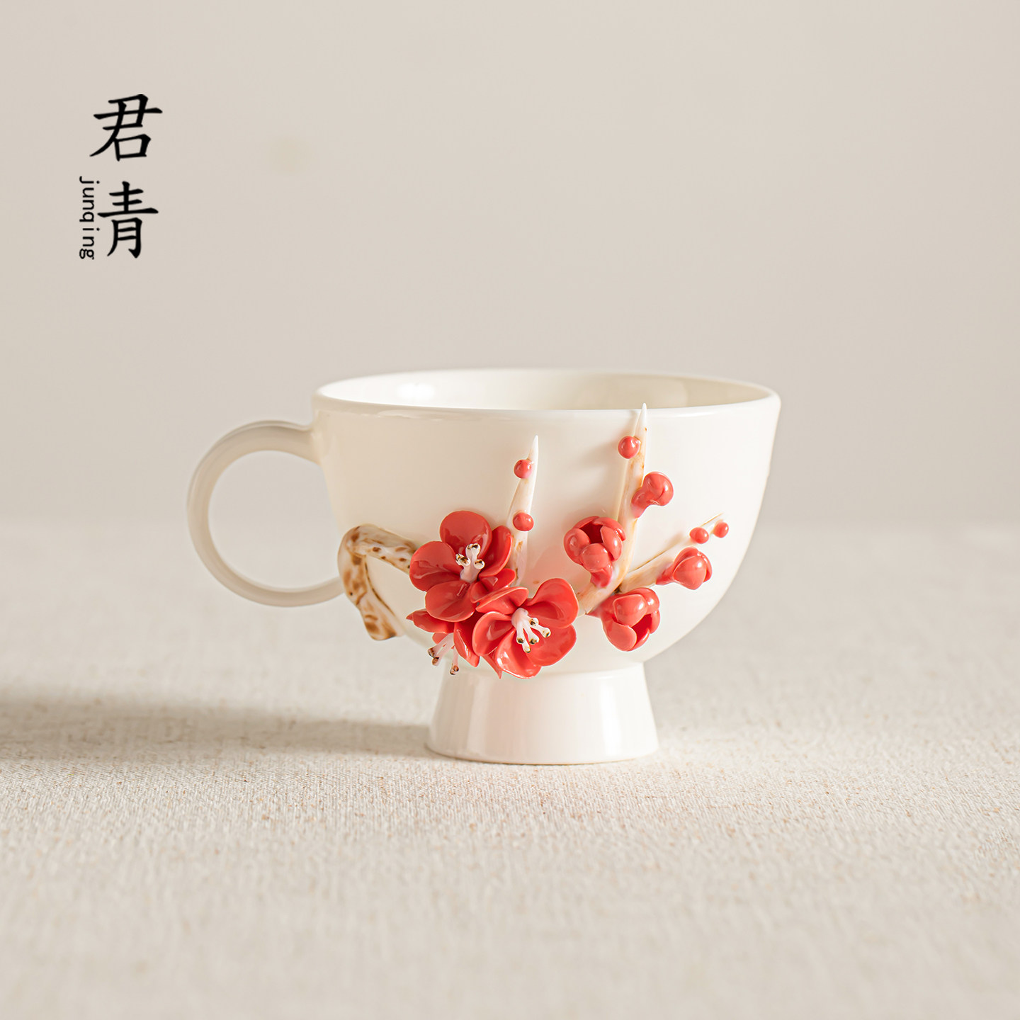 君青个性高端喝水杯手工陶瓷咖啡杯白色立体花朵子茶杯装饰水杯